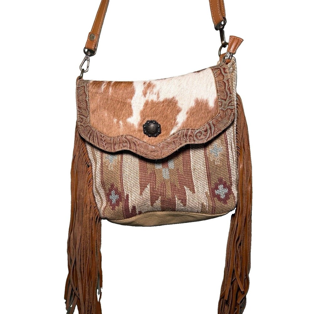 Myra Bag Southwestern Fringe Concho Crossbody Bag w/ Detachable Strap Brown